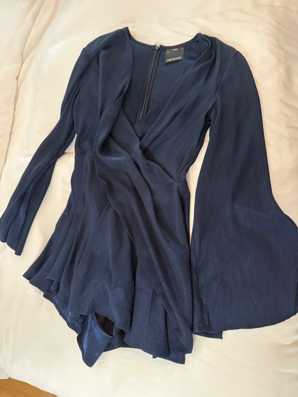 C/MEO Collective Navy Pleated Faux-Wrap Tunic with Flared Sleeves